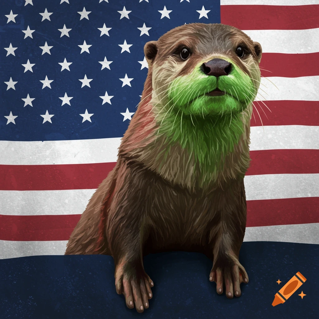 An otter with green fur stands in front of an American flag.