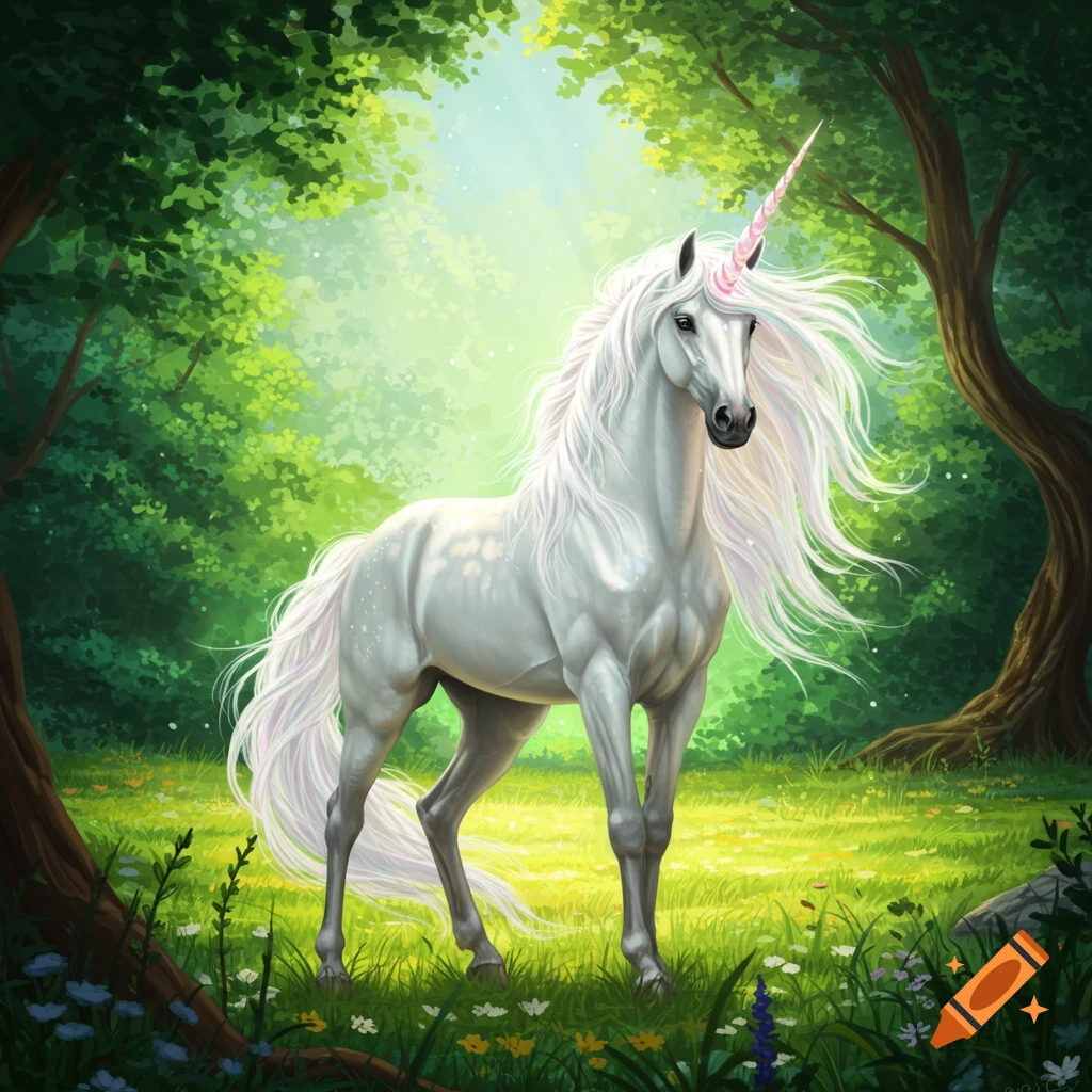 A white unicorn with a pink horn and long white mane stands in a sunlit forest clearing.