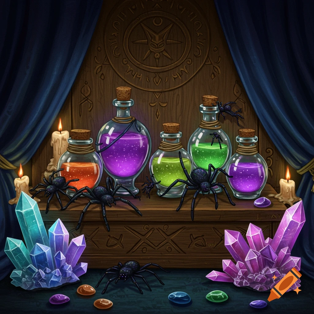 Illustrative still life of potion bottles, crystals, and spiders on a witch's altar.