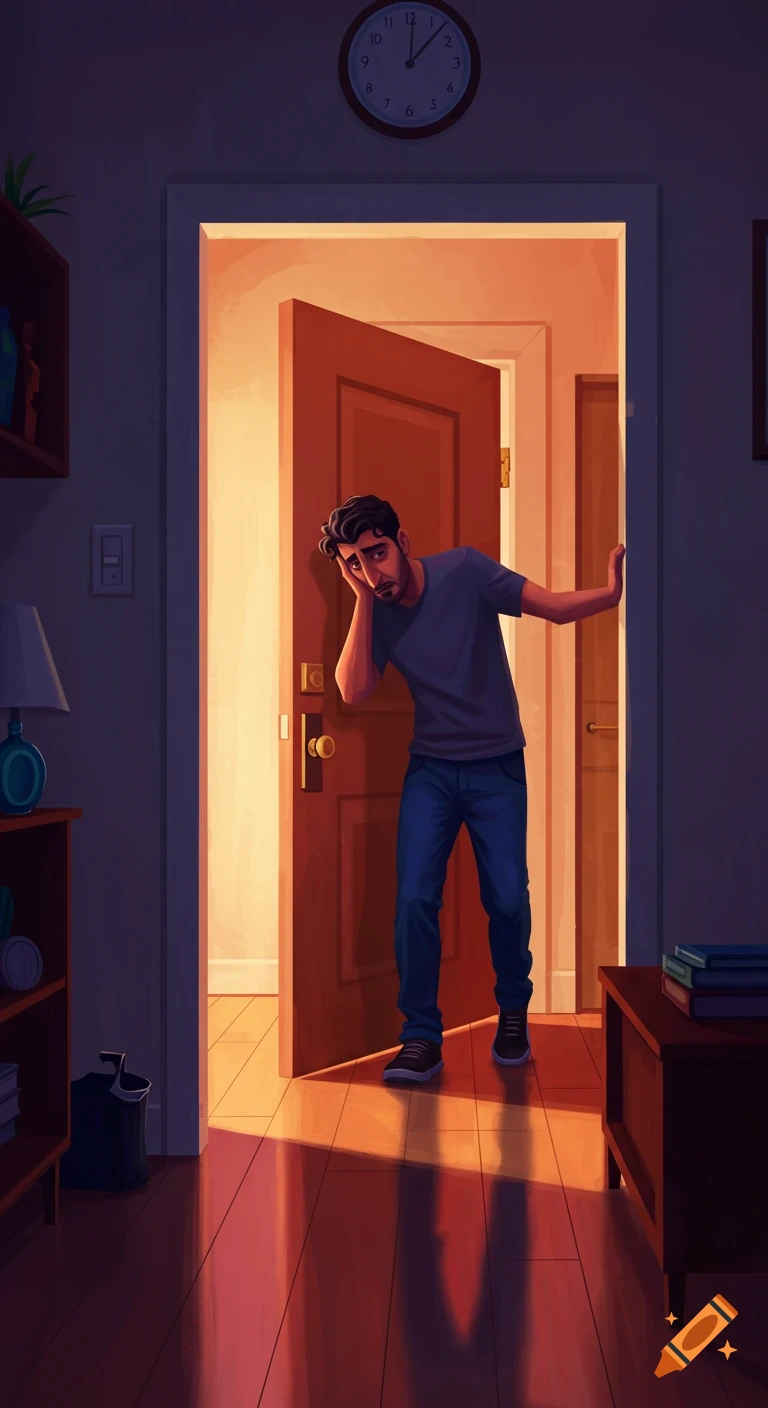 Digital illustration of a tired man standing in a doorway with warm light spilling out.