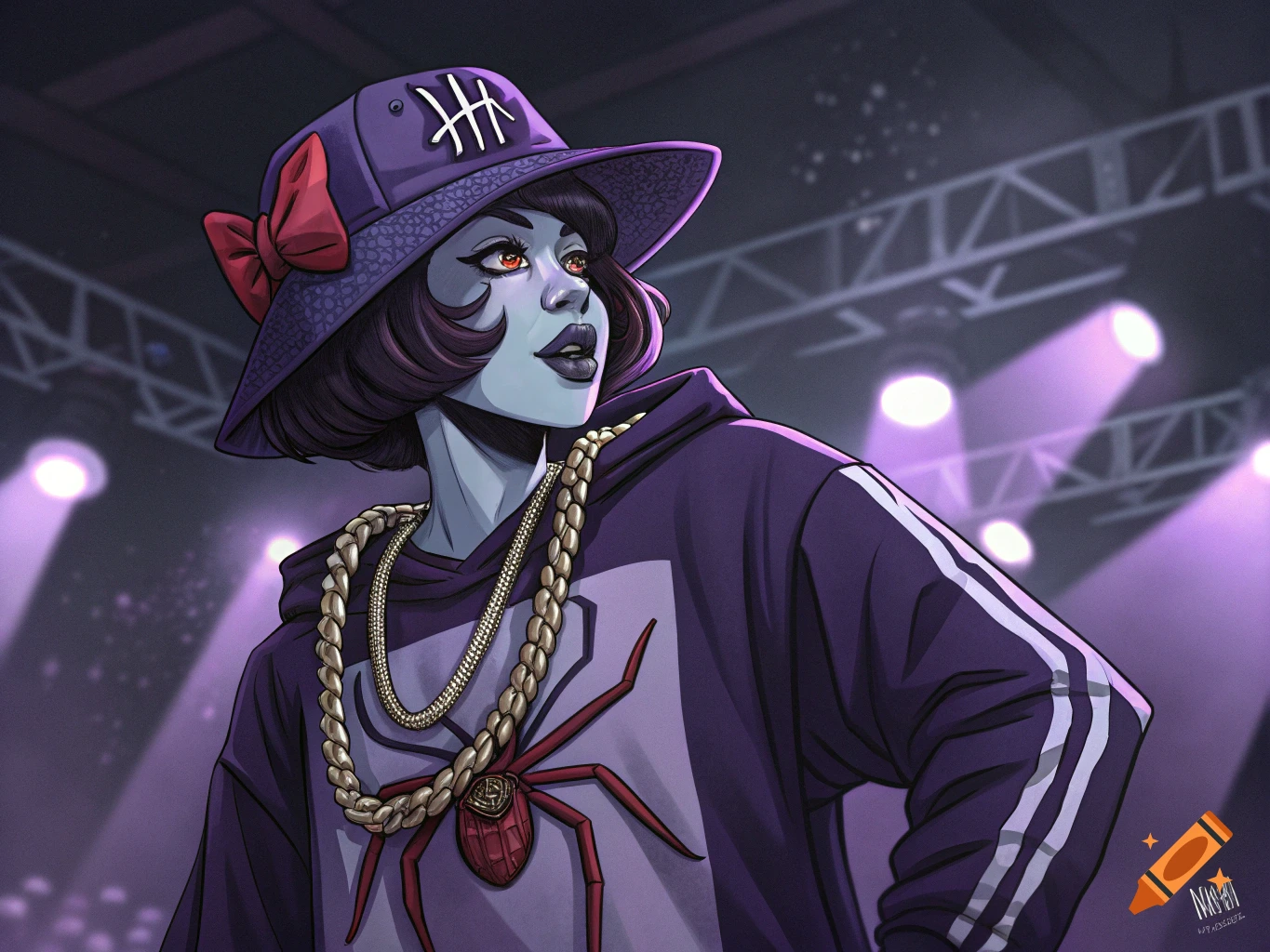 Illustration of a character resembling Muffet from Undertale dressed as a rapper on a stage with purple lights.