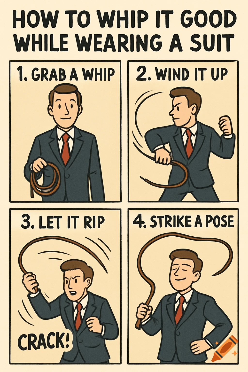 Four-panel cartoon comic strip showing a man in a suit learning to use a whip with numbered instructions and sound effect.