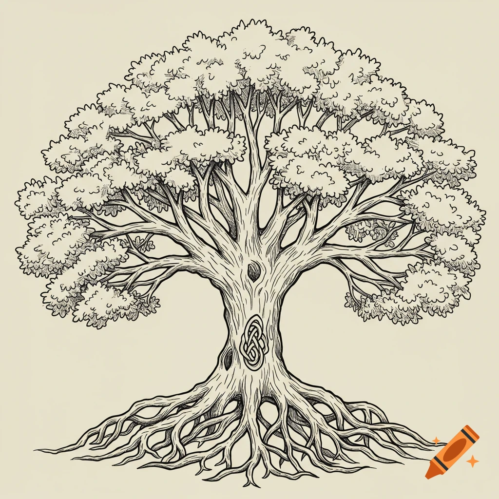 A line drawing of a large tree with spreading roots and a Celtic knot symbol on the trunk.