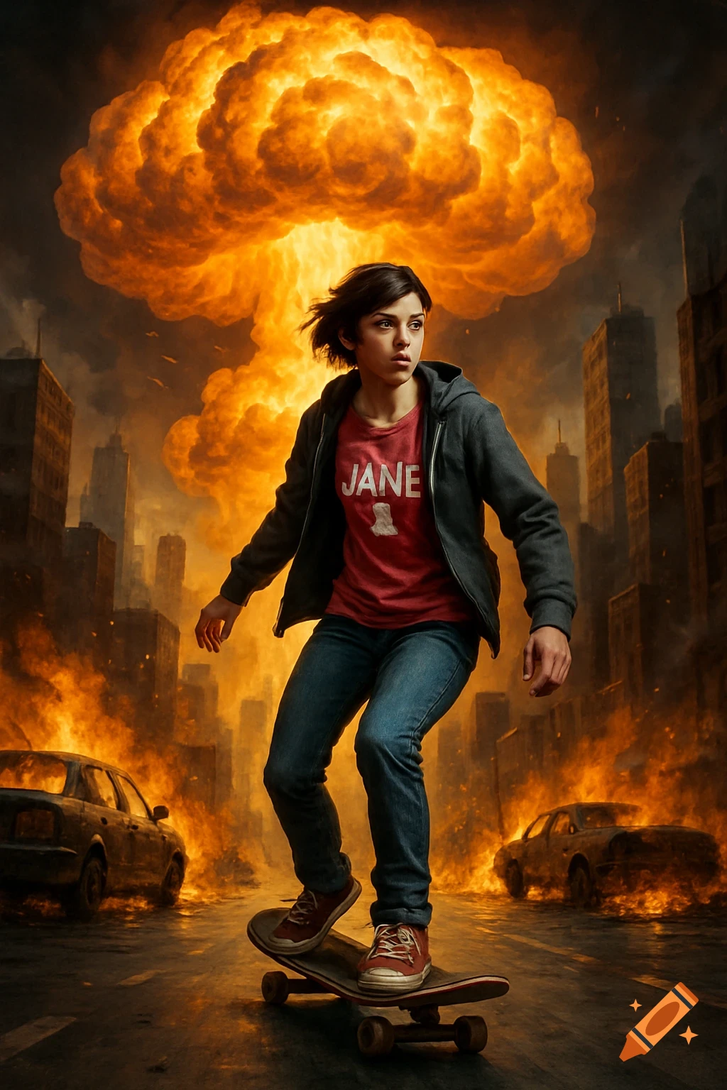 A young woman skateboards through a burning city with a mushroom cloud behind her.