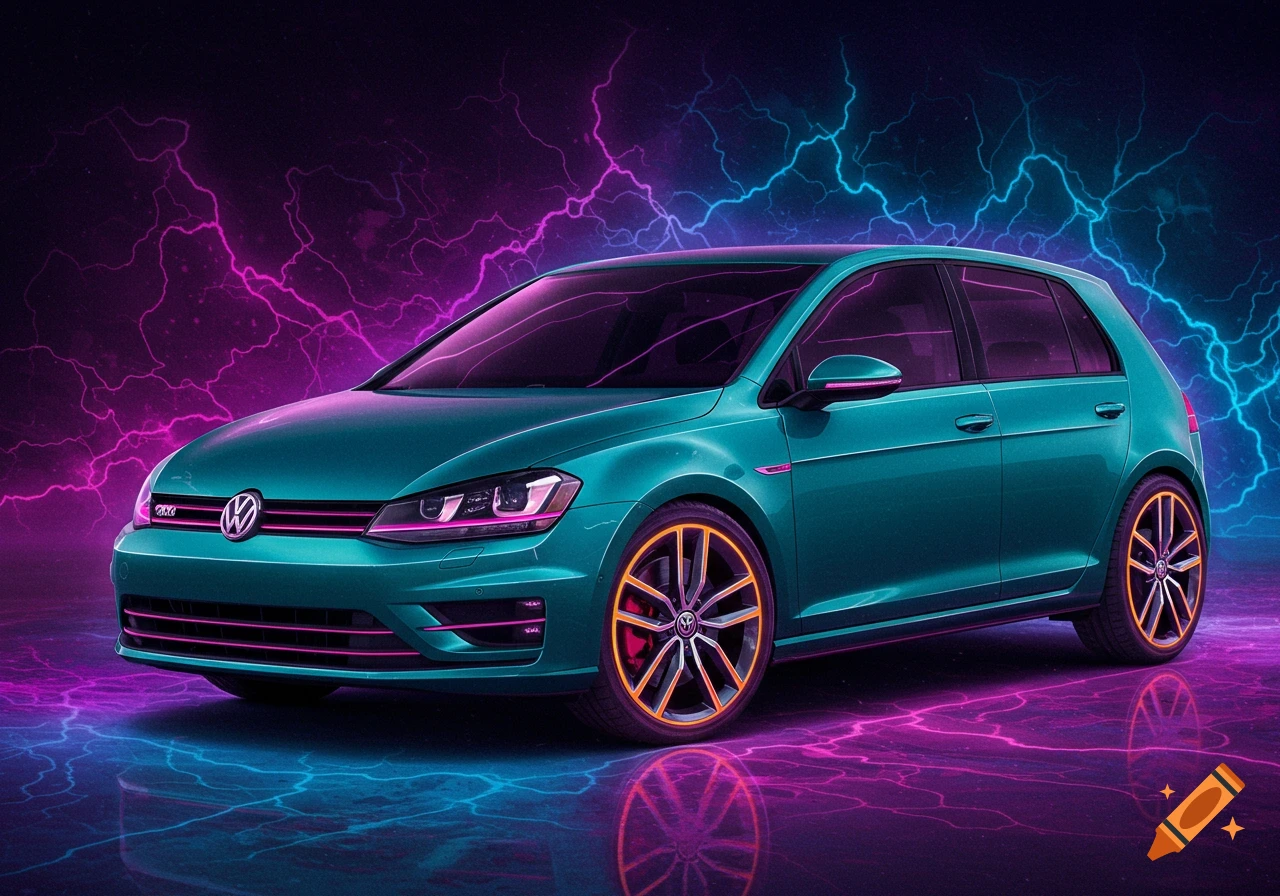 Teal Volkswagen Golf GTI parked on a wet surface with neon purple and blue lightning strikes behind it.