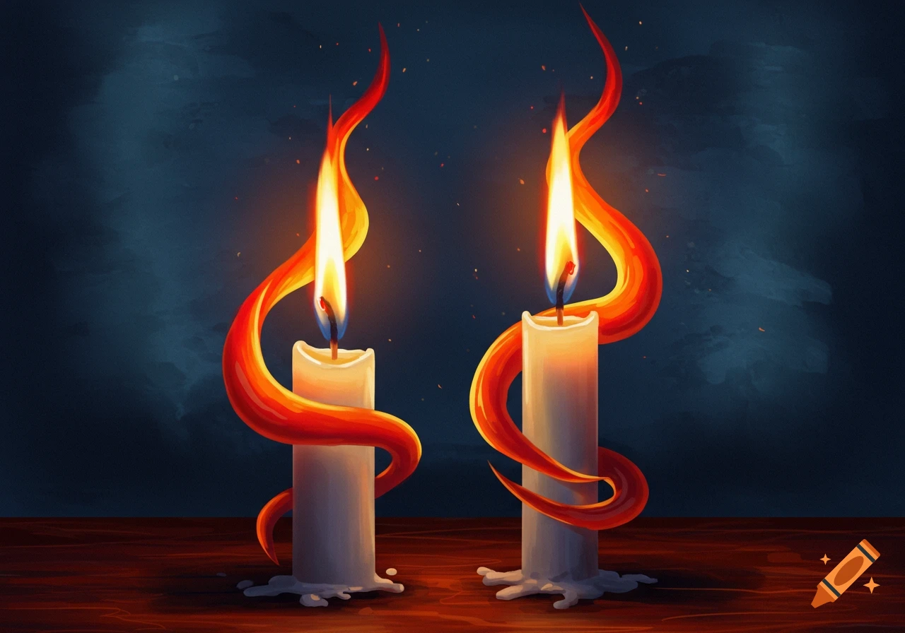 Digital painting of two burning candles with swirling flames
