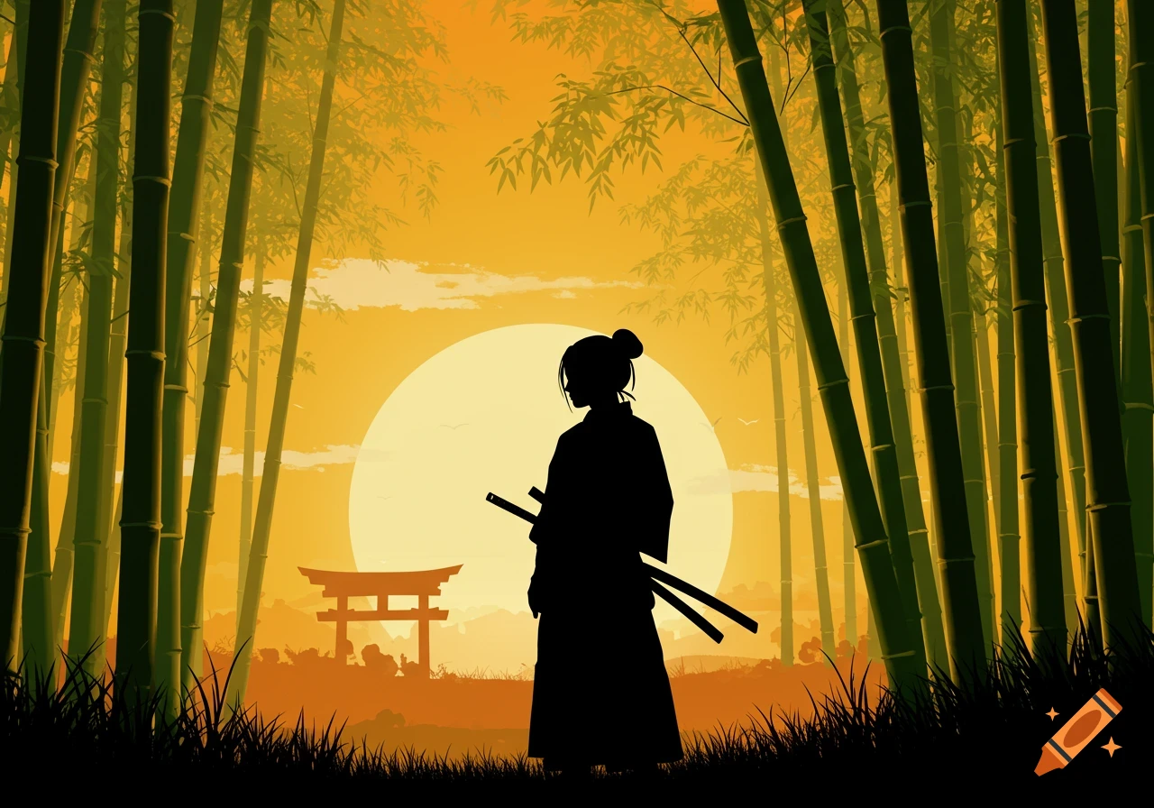 Silhouette of a female samurai with two swords standing in a bamboo forest at sunset, with a torii gate in the background.