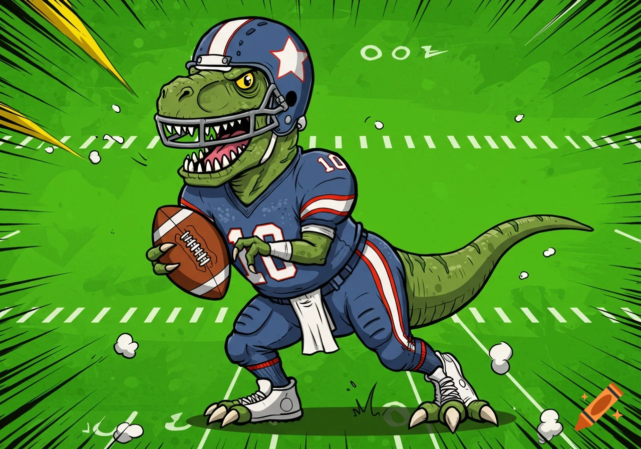 Cartoon dinosaur in football uniform holding a football on a field.