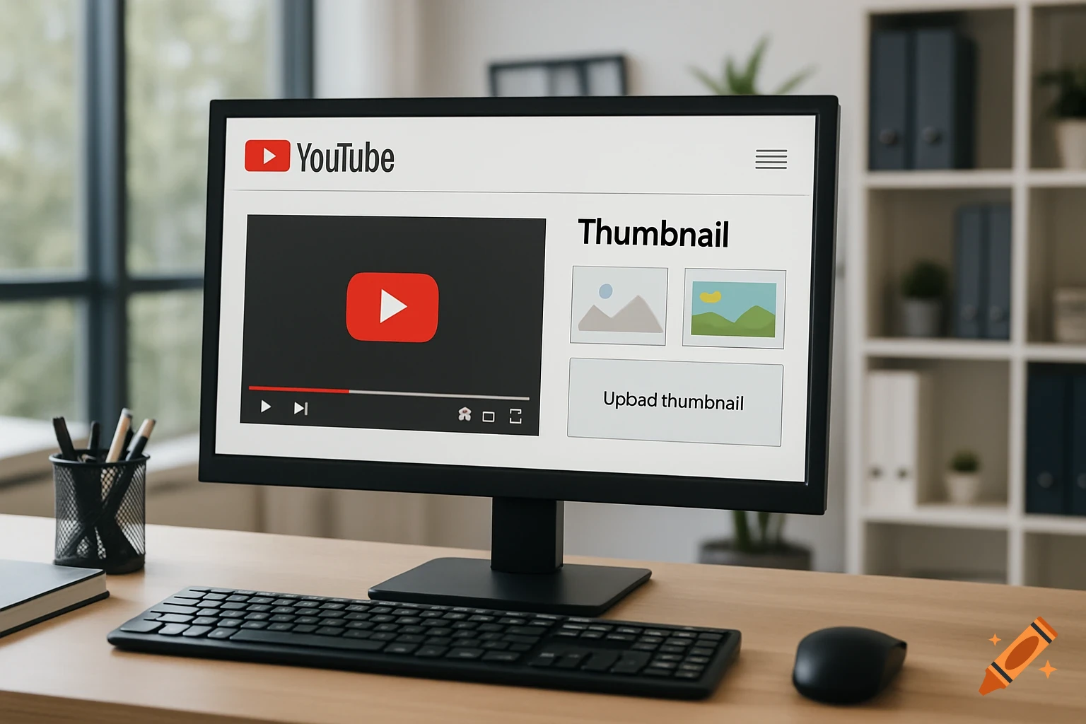 A computer monitor on a desk showing the YouTube interface for uploading a thumbnail.