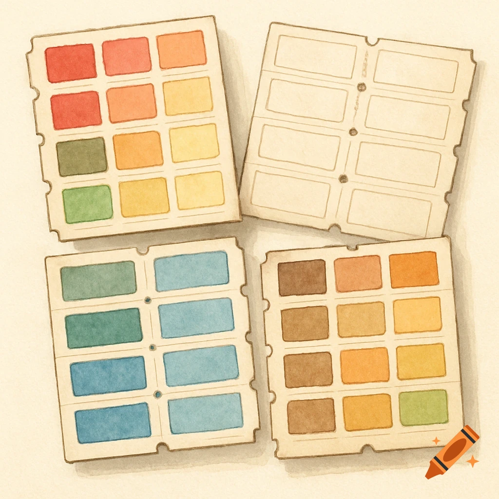 Watercolor illustration of various color swatch cards.