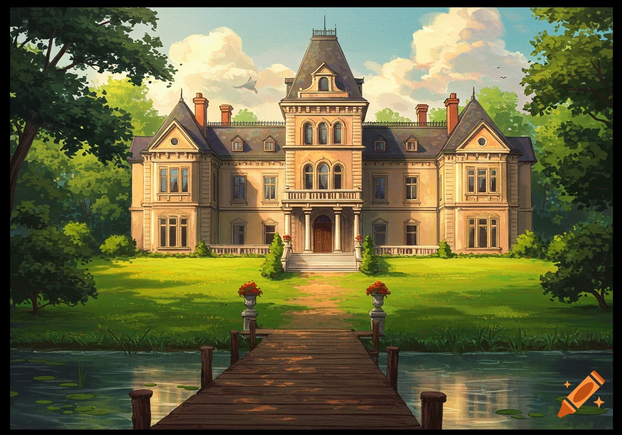 Painterly illustration of a large manor house seen from a wooden dock on a lake.