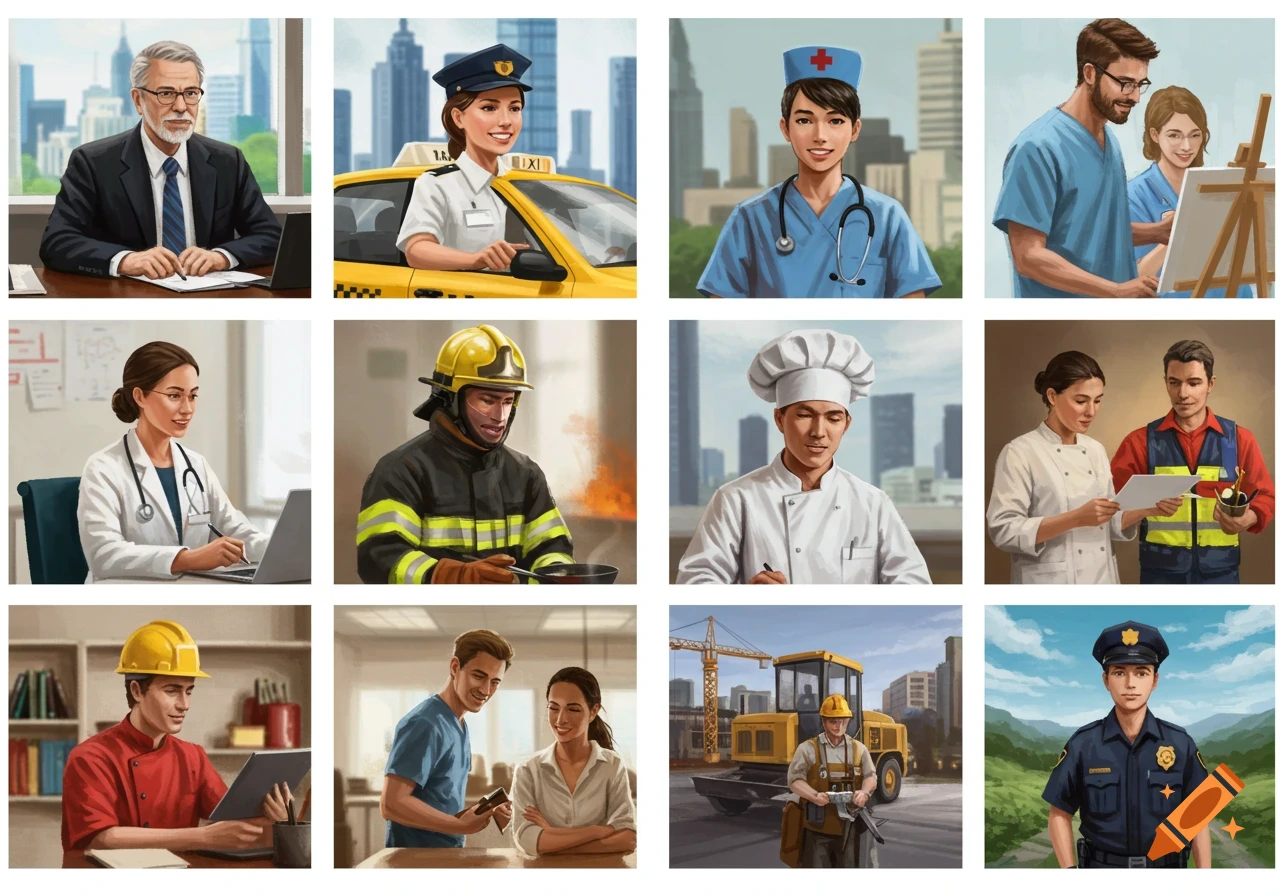A grid of portraits and scenes showing diverse people in various professions including CEO, taxi driver, nurse, doctor, firefighter, chef, construction worker, artist, and police officer. Painterly style.