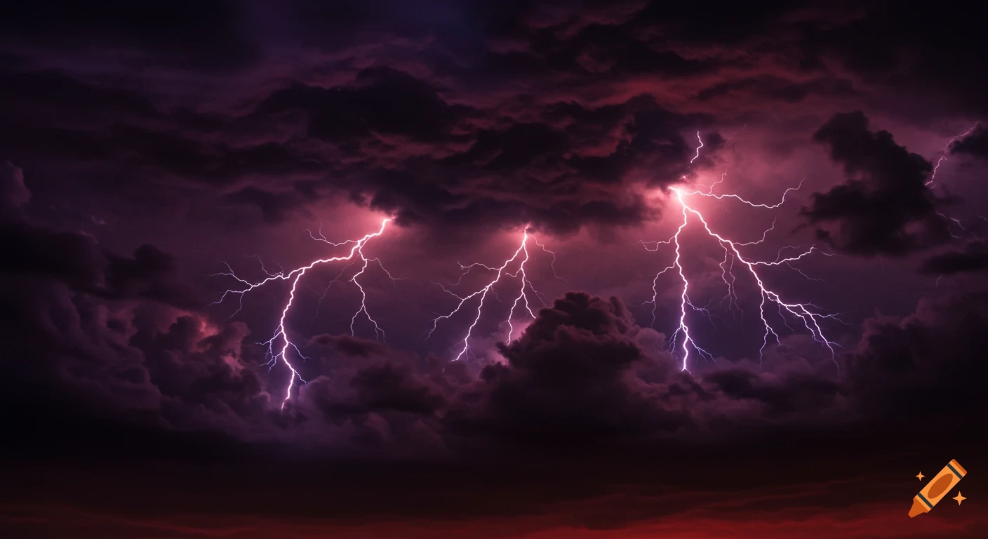 Purple storm clouds with multiple lightning strikes