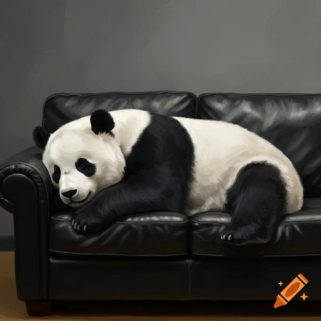 A panda sleeping on a black leather couch in a digital painting.