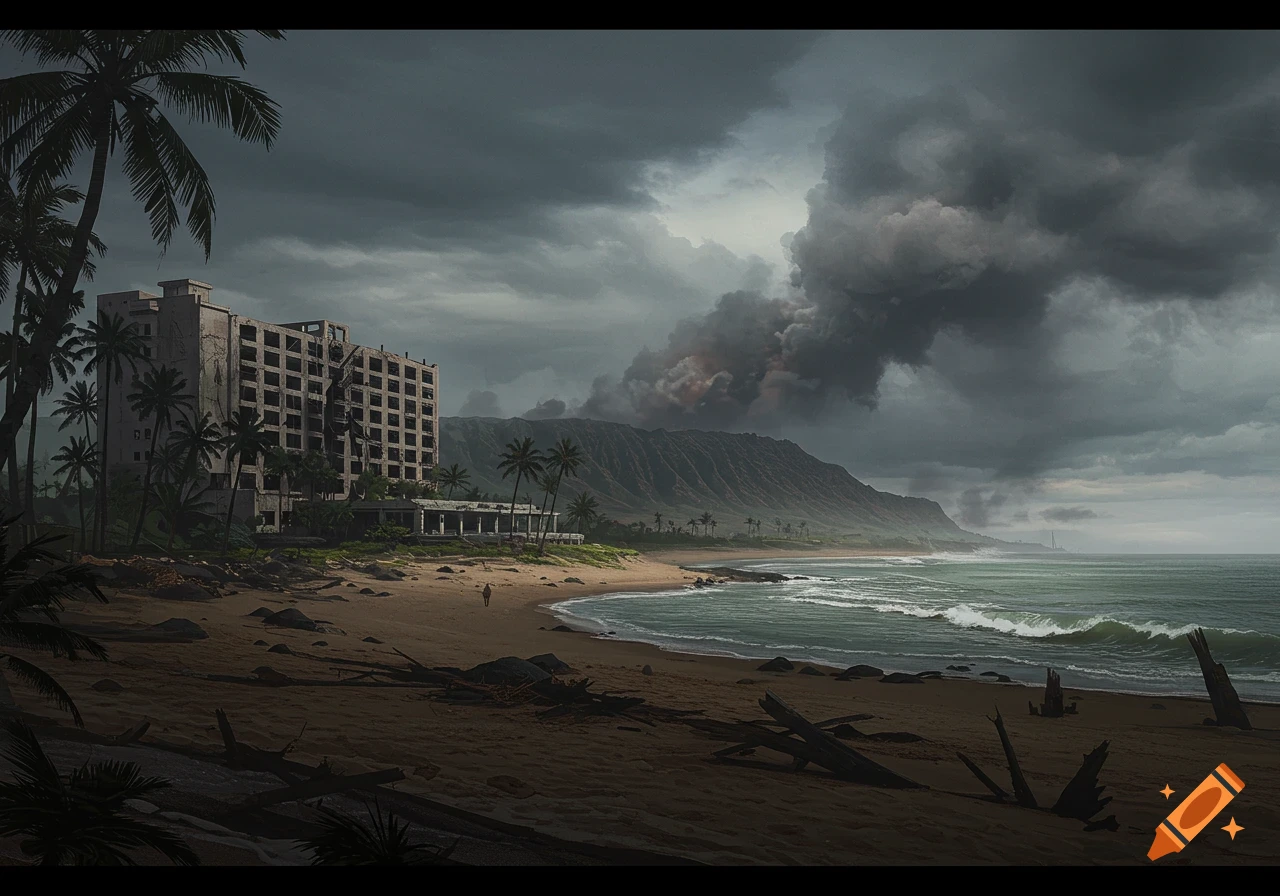 Desolate beach with a ruined hotel, palm trees, and smoke under a dark, cloudy sky.