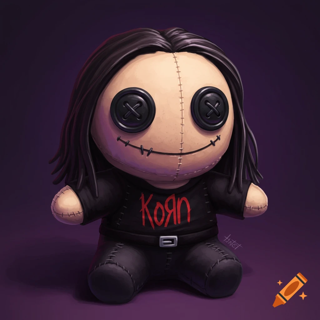 A plush doll with dark hair and button eyes wears a black shirt with the red "Korn" logo.