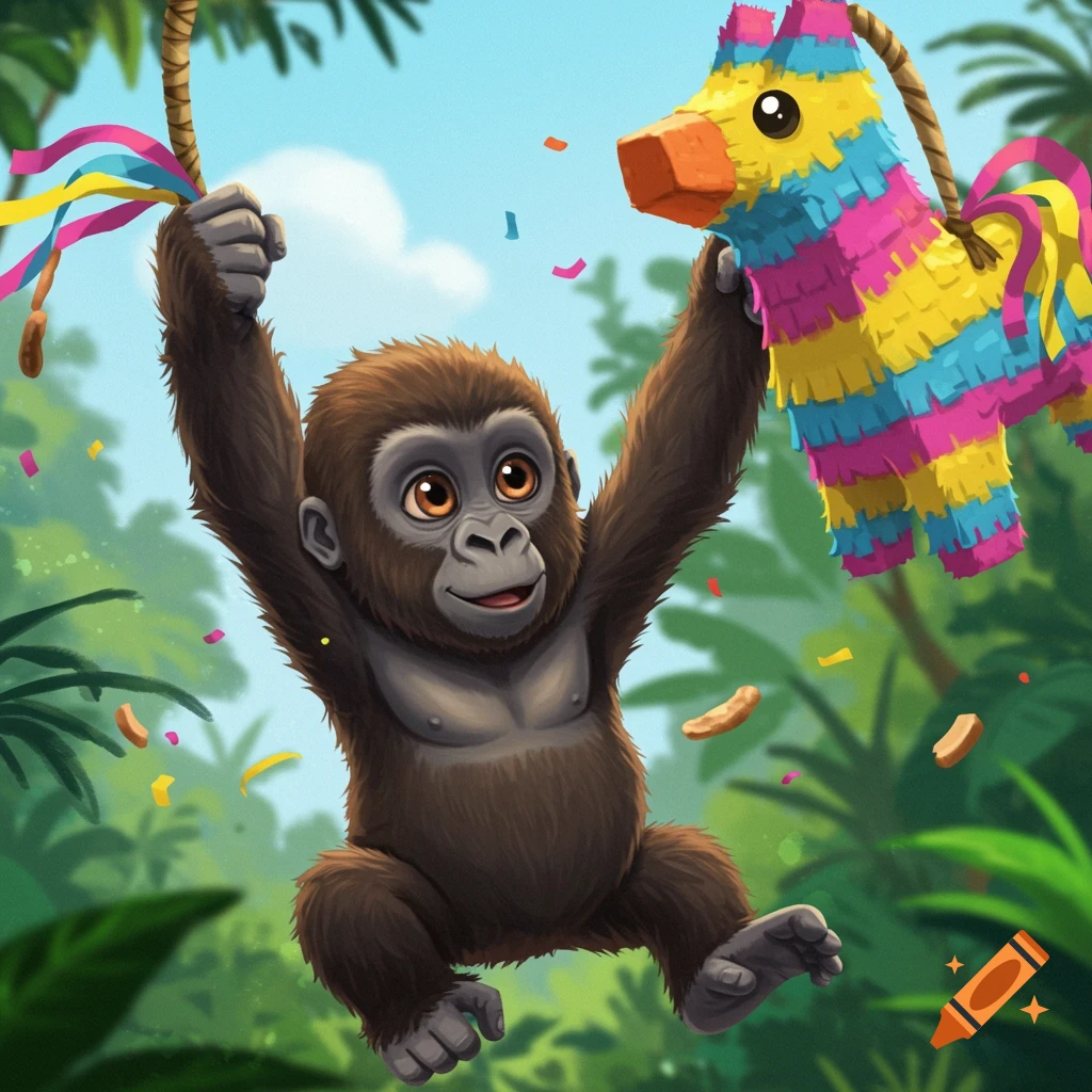 A baby gorilla hangs from a vine, hitting a colorful piñata in a jungle setting.