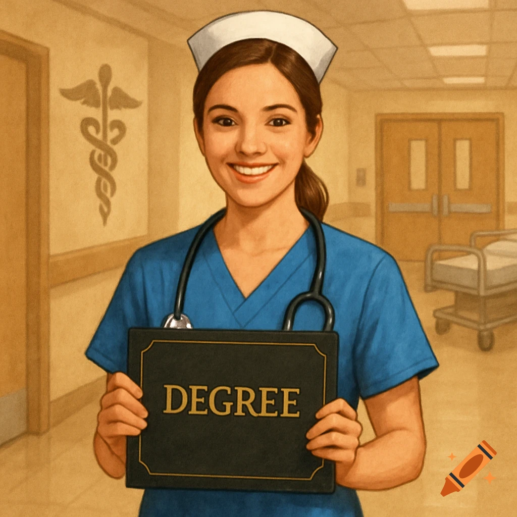 Illustration of a smiling nurse in a hospital hallway holding a black certificate with "DEGREE" in gold.