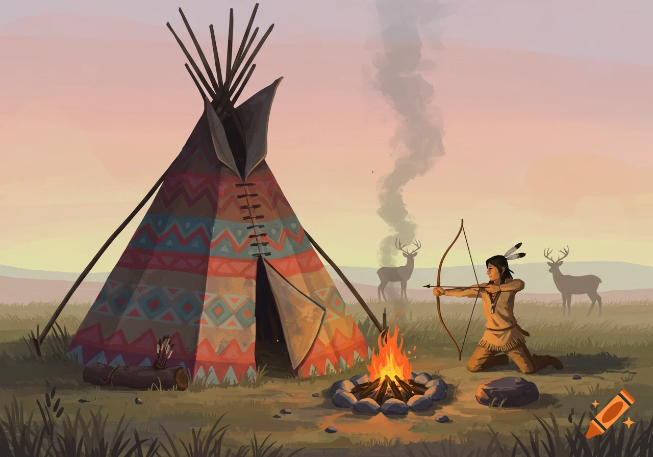 An illustration of a person kneeling with a bow near a teepee and campfire, aiming at deer in the background.