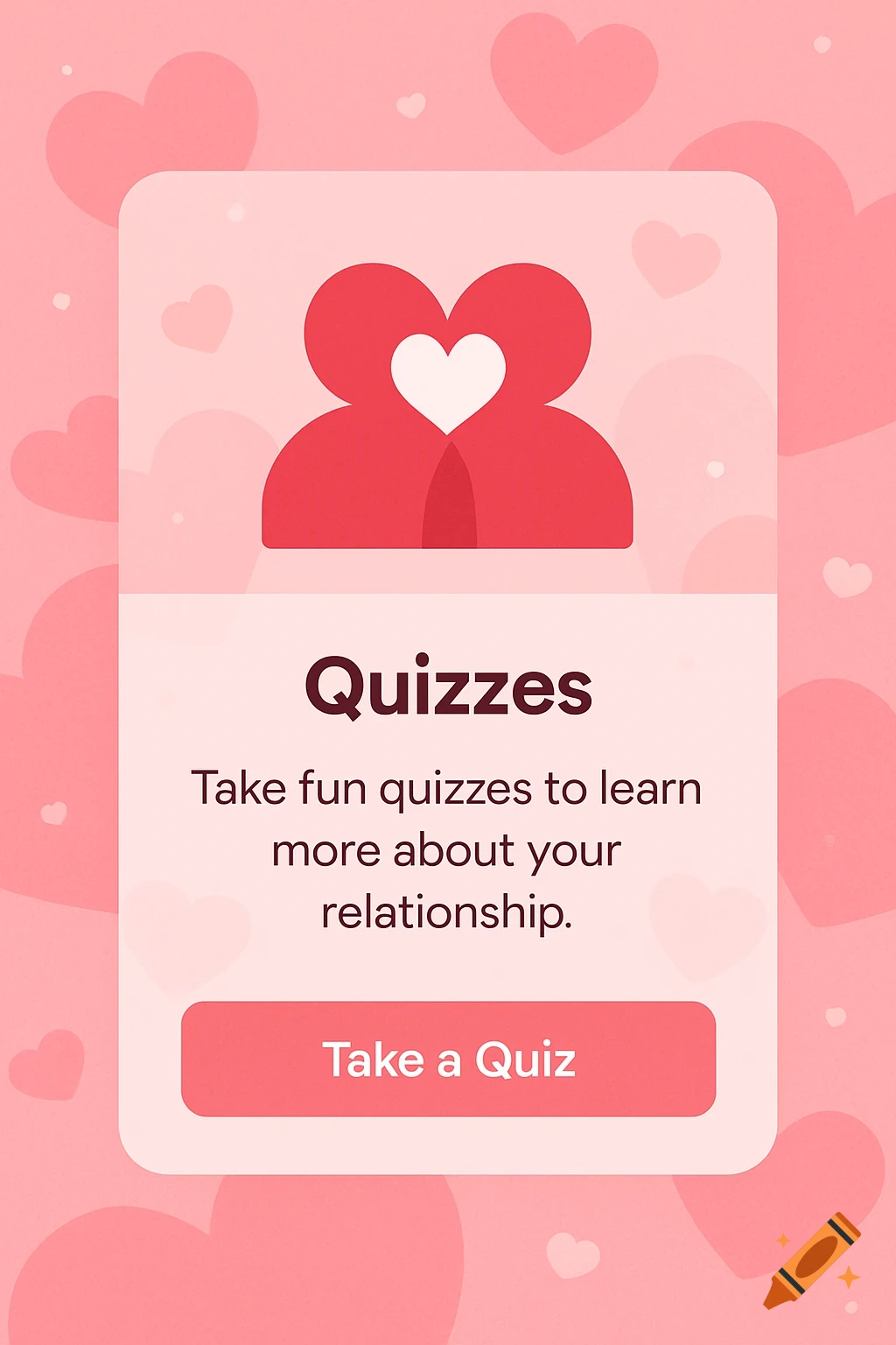 Illustration of a relationship quiz card with abstract figures forming a heart and text 'Quizzes'.