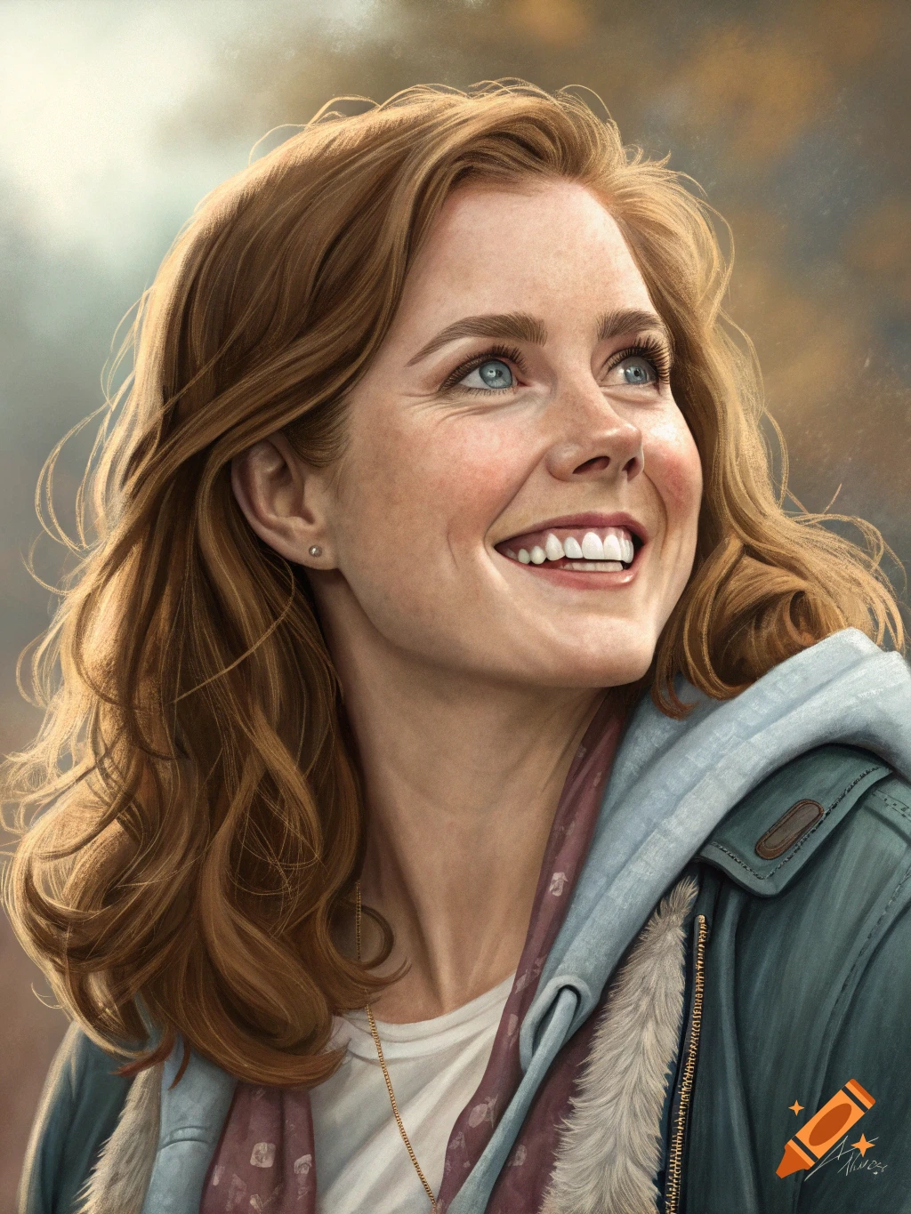 A close-up portrait of actress Amy Adams smiling and looking up, with warm lighting and a soft background.