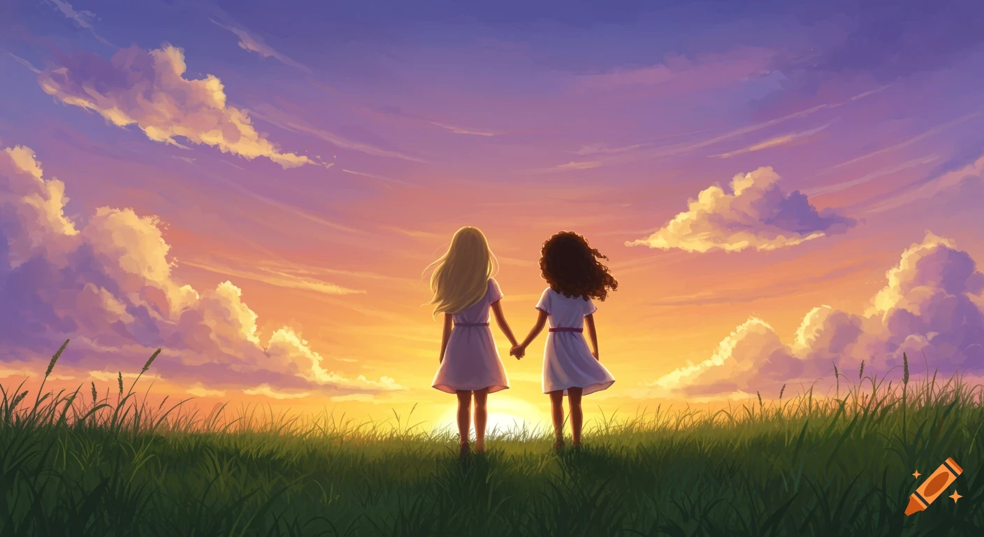 Anime illustration of two girls holding hands, standing in a grassy ...