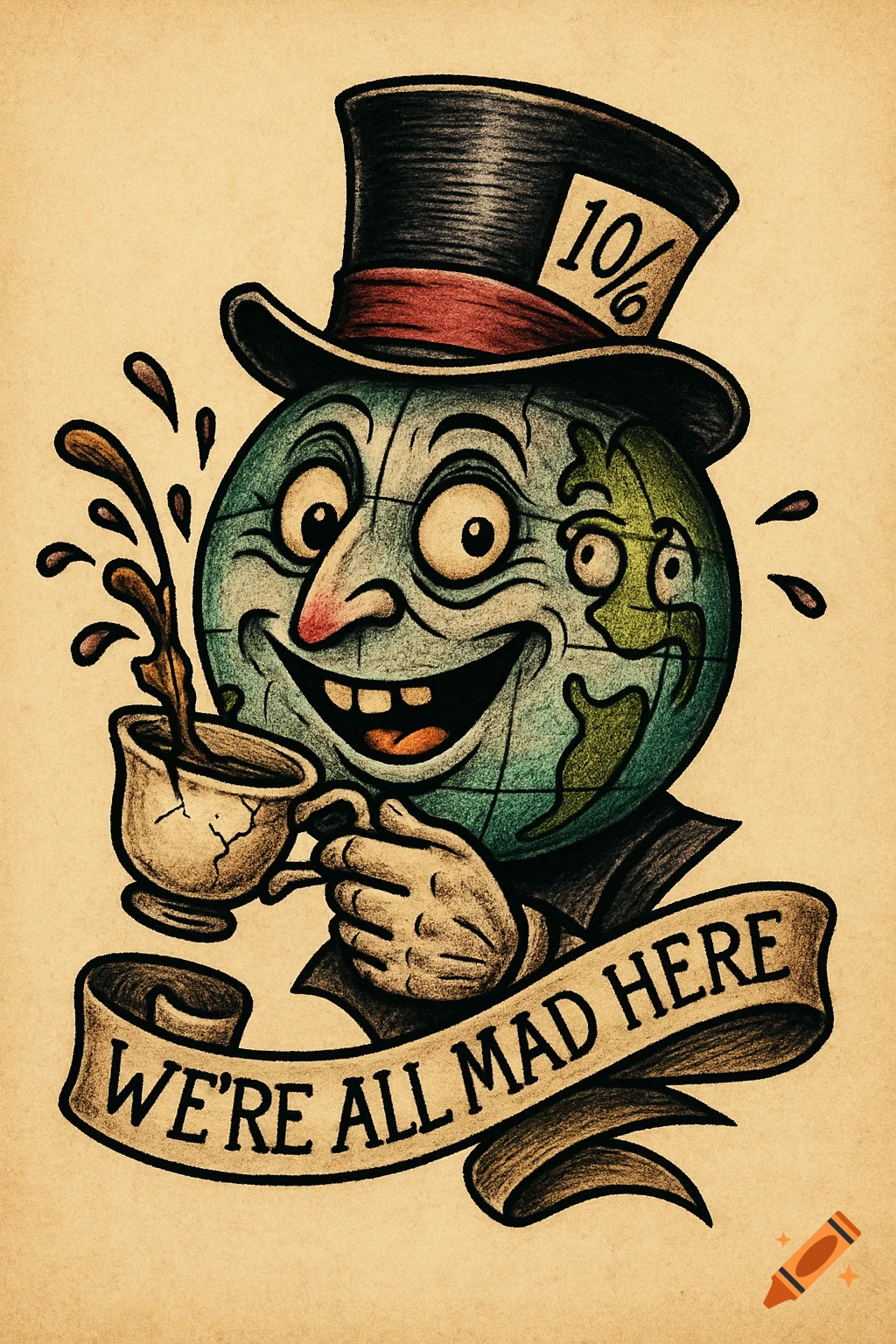 Traditional tattoo illustration of Earth character in top hat drinking tea, banner reads "We're all mad here".