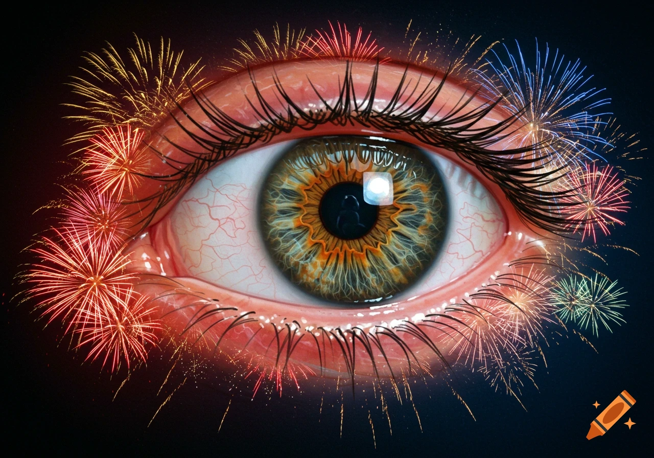 A close-up of an eye with fireworks bursting around it.
