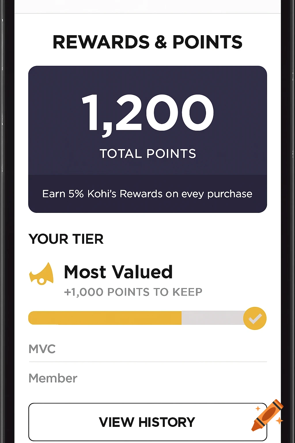 Screenshot of a mobile app rewards screen showing 1,200 total points and a 'Most Valued' tier.