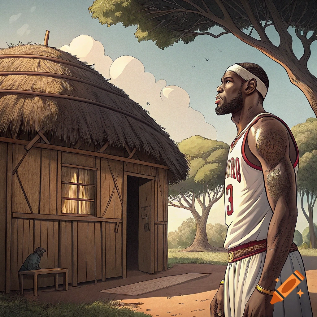 Figure resembling LeBron James stands next to a thatched hut in a village landscape.