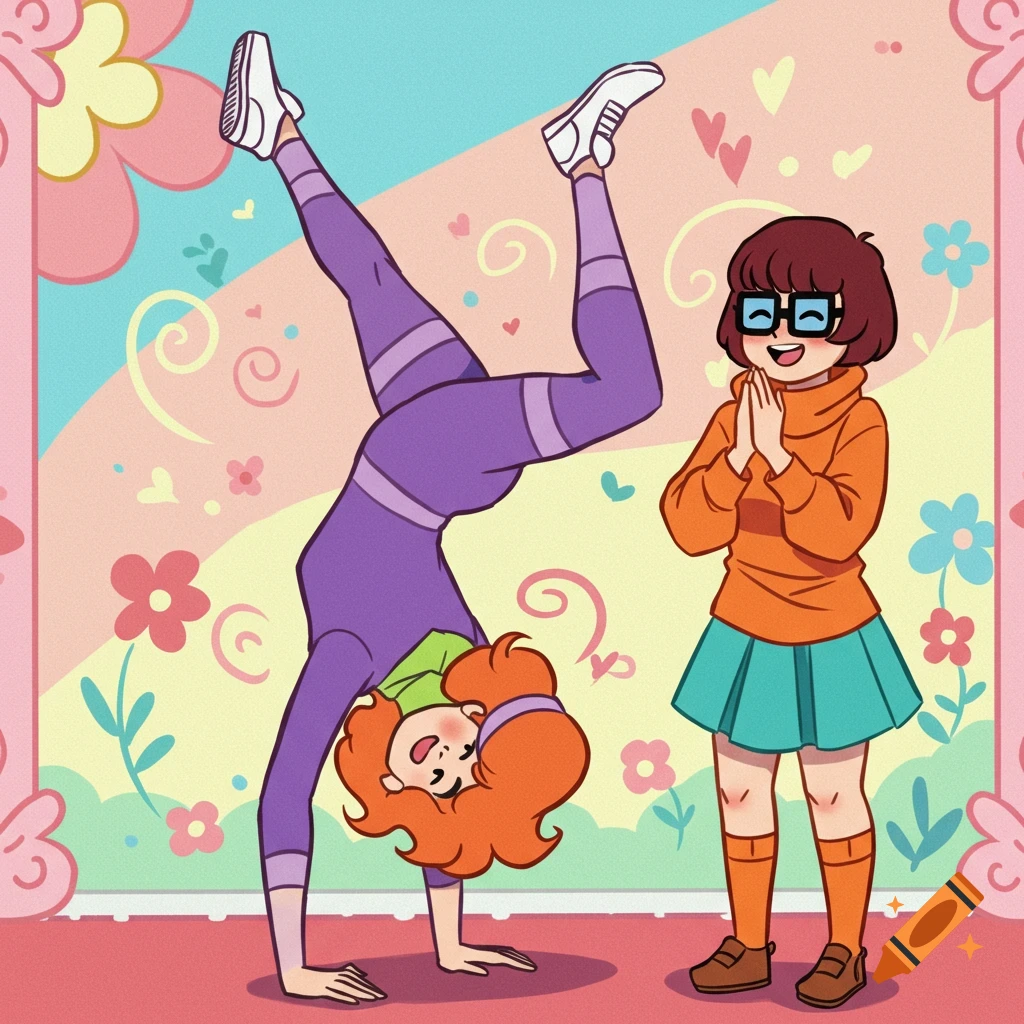 Cartoon illustration of Daphne doing a handstand while Velma claps in a colorful background.