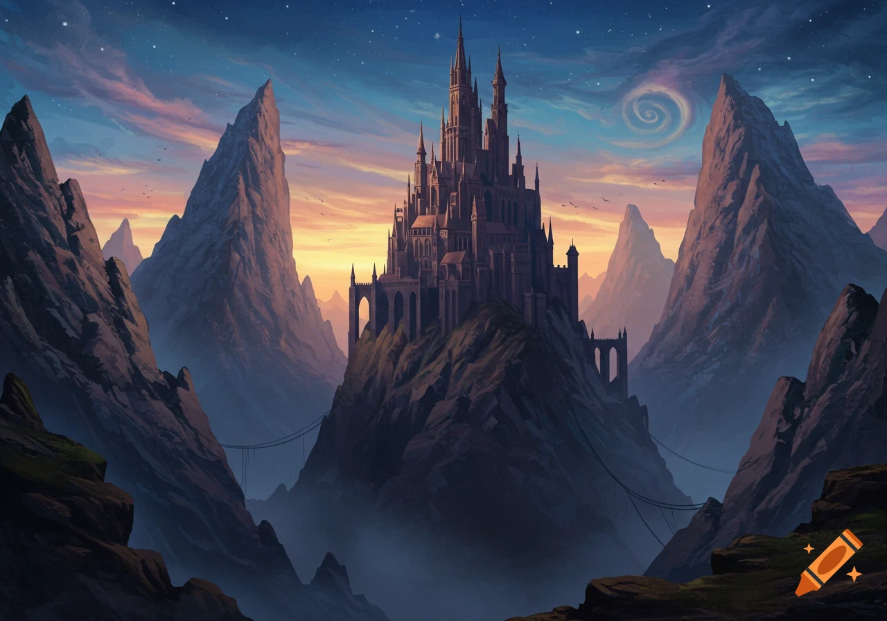 A dark fantasy castle on a rocky mountain peak, surrounded by jagged mountains under a dramatic sunset sky.