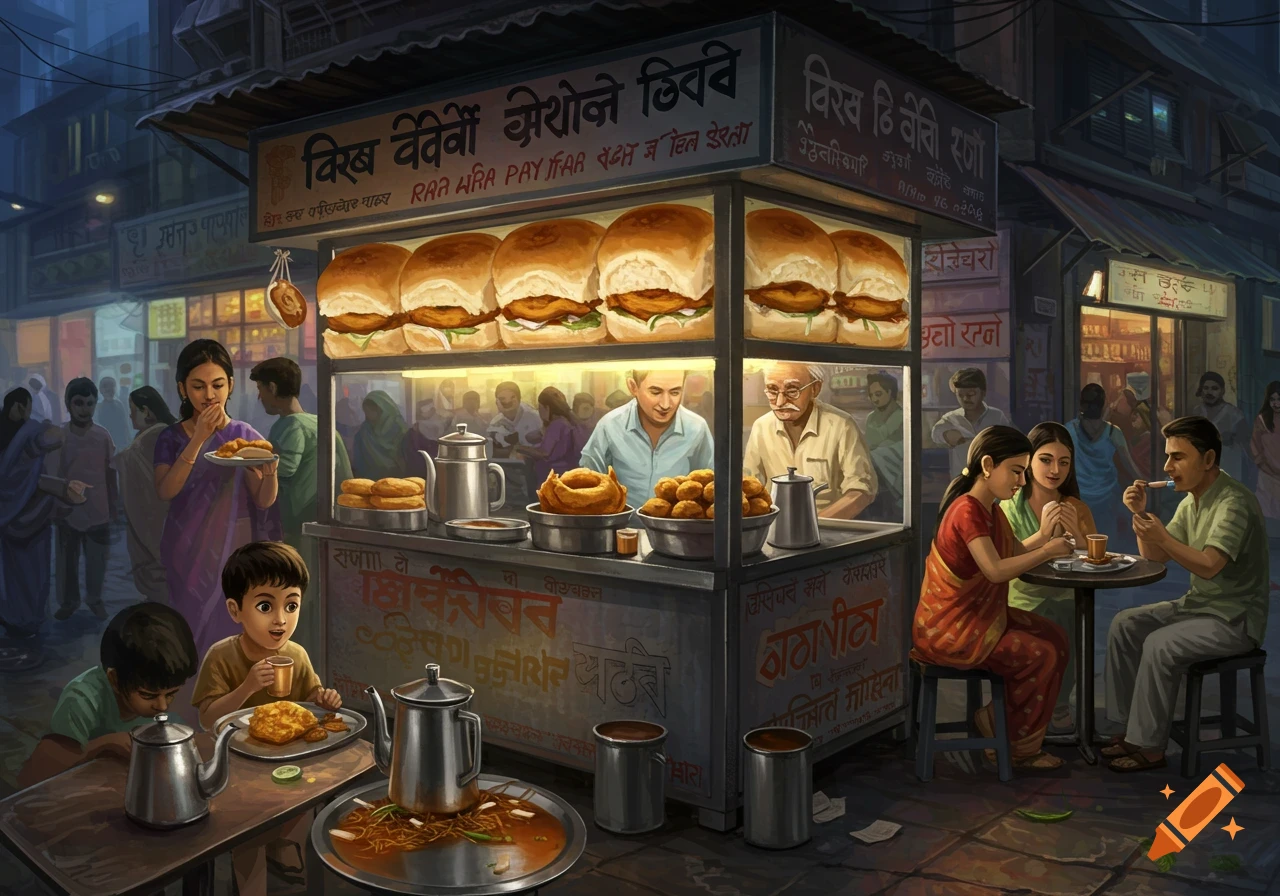 Digital painting of a bustling Mumbai street food stall selling vada pav and tea, with people enjoying food and drinks.