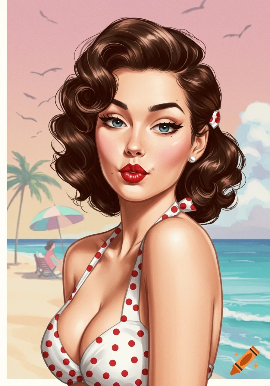 Digital illustration of a pin-up style woman in a polka dot bikini on a beach.