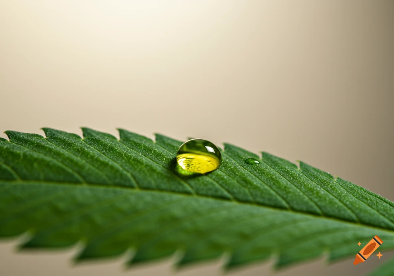 Macro close-up of a green leaf with a golden droplet.