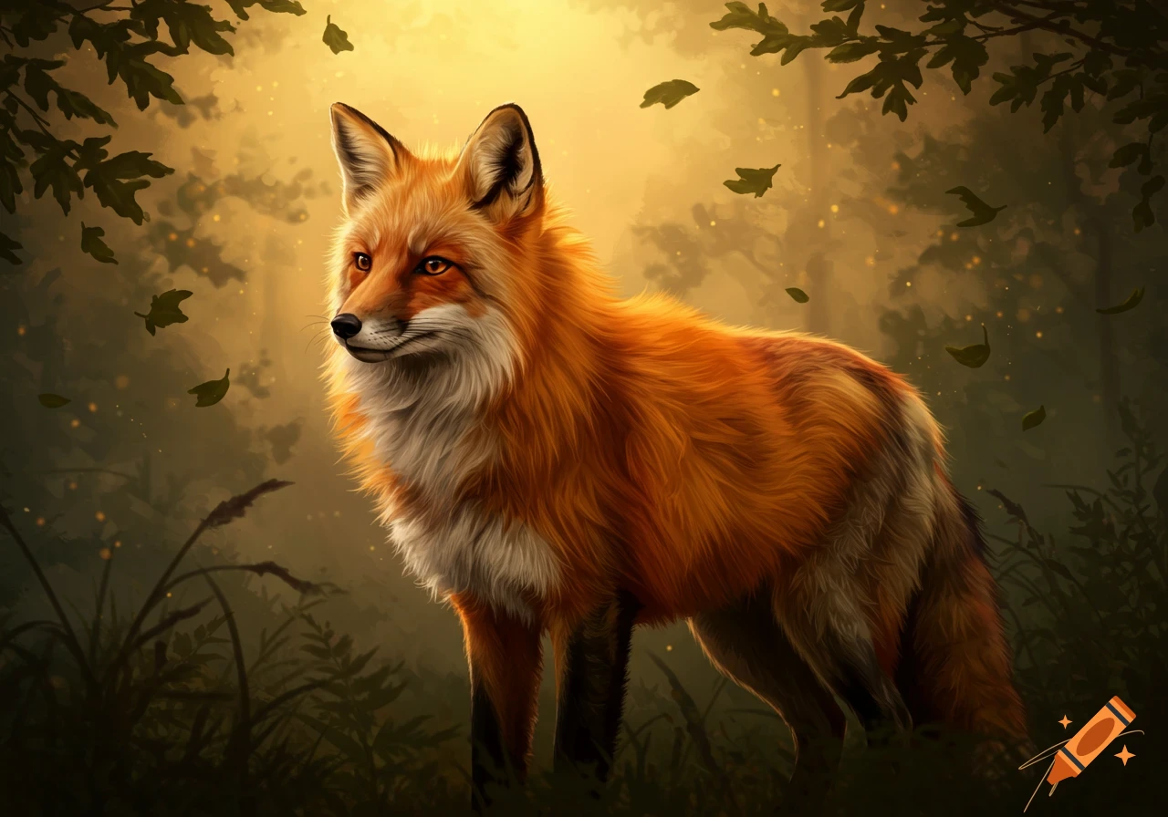 A red fox stands in a forest with sunlight filtering through trees and ...