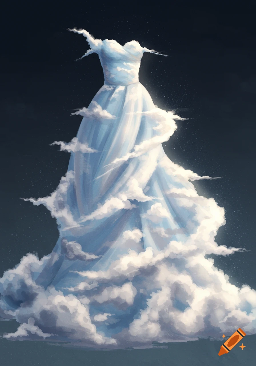 A conceptual dress made of clouds, floating against a dark sky.