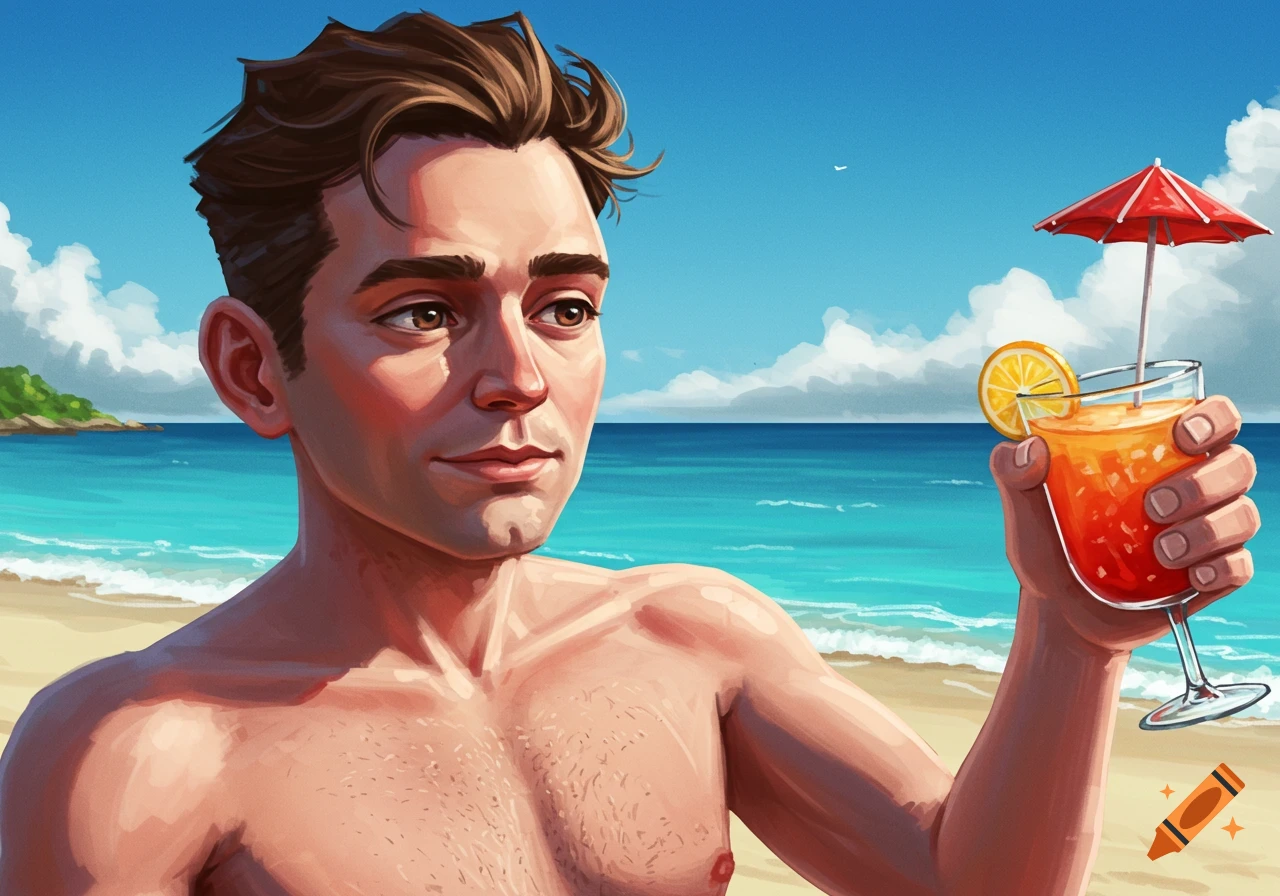 Illustrated portrait of a shirtless man holding a cocktail on a beach