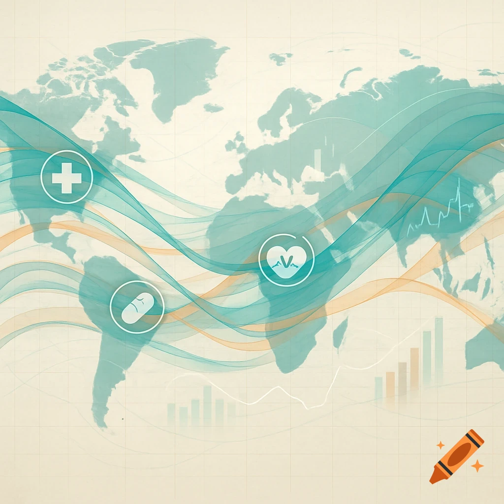 World map with health icons and flowing data visualizations.