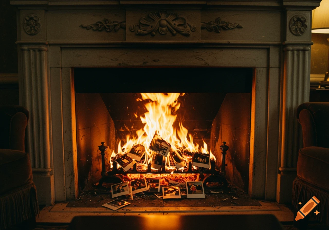 A fireplace with a fire burning a pile of polaroid photos.