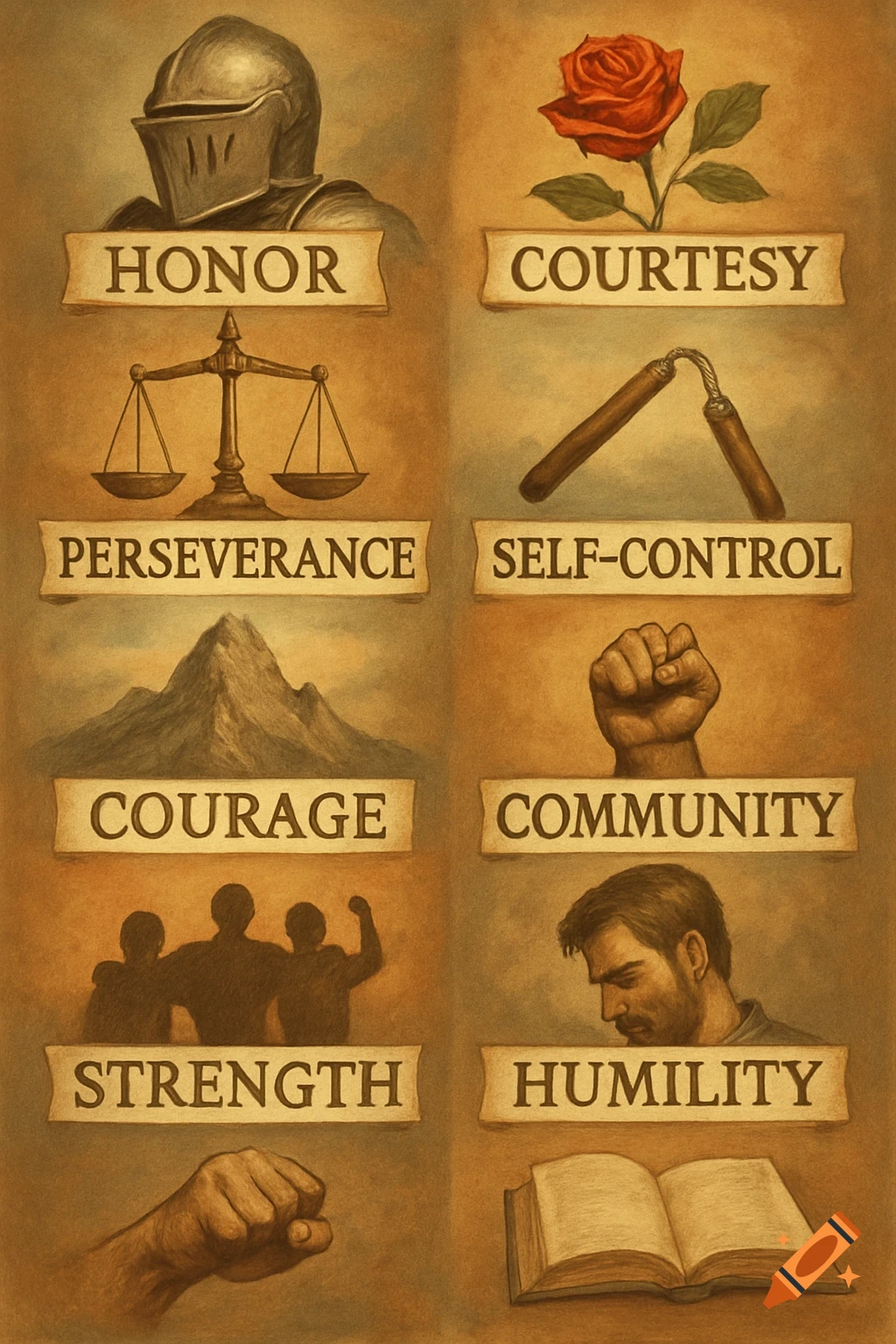 Illustration on aged paper showing symbols and text labels for different virtues: honor, courtesy, perseverance, self-control, courage, community, strength, humility.