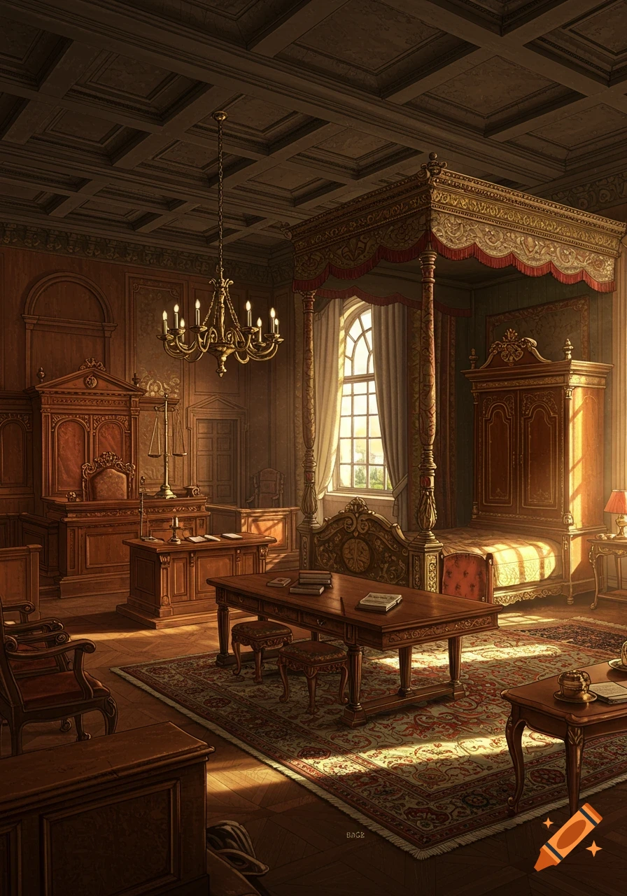 Illustration of a room that is half old courtroom, half royal bedroom ...