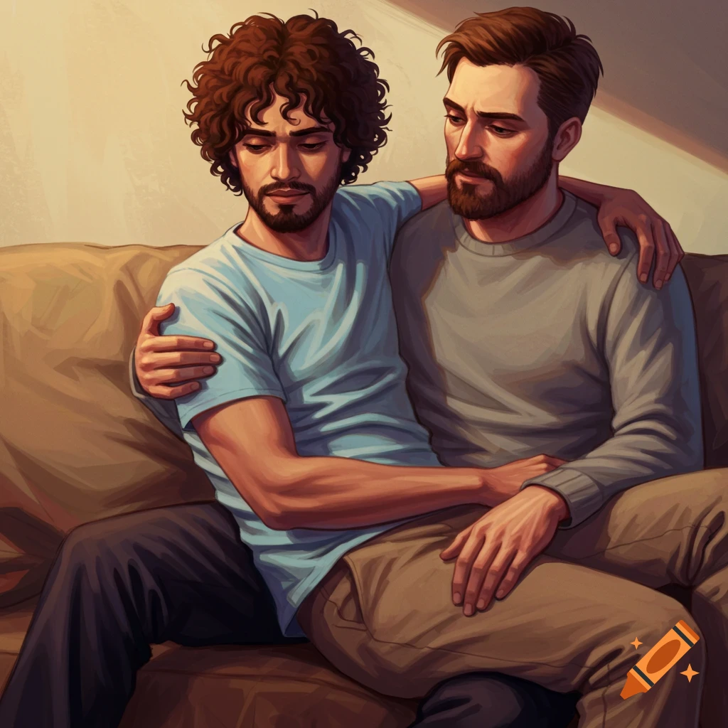 Illustration of two men embracing on a couch