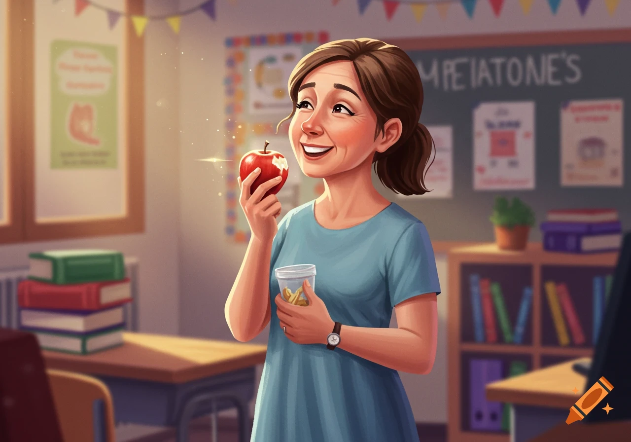 Illustration of a smiling teacher in a classroom eating an apple.