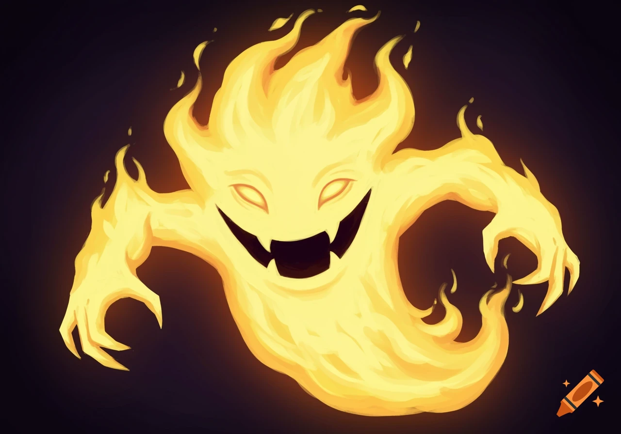 Yellow flaming creature with pointed limbs and a wide smile against a dark background.