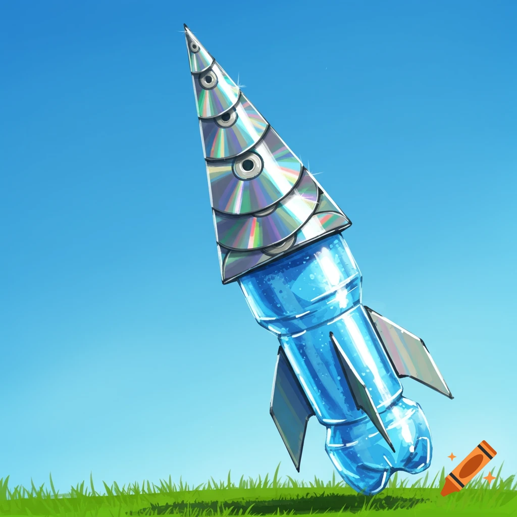 A bottle rocket made from a plastic bottle and CDs sits in a grassy field under a blue sky.