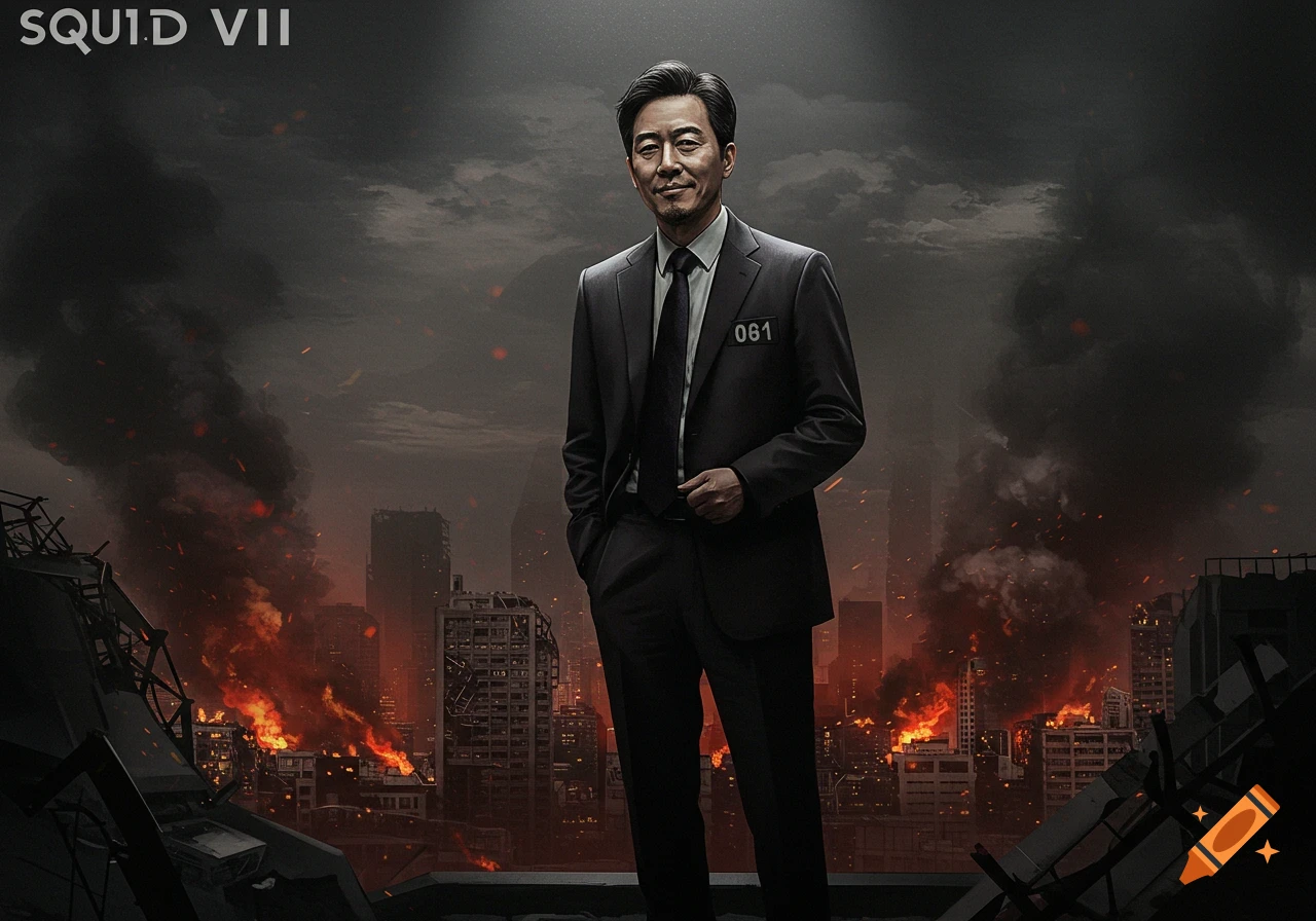 Man in a suit standing over a ruined city with fire and smoke, text 'SQUID VII'.