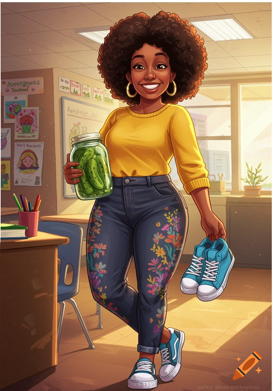 Cartoon illustration of a smiling Black woman teacher in a classroom, holding a large jar of pickles and a pair of blue sneakers.