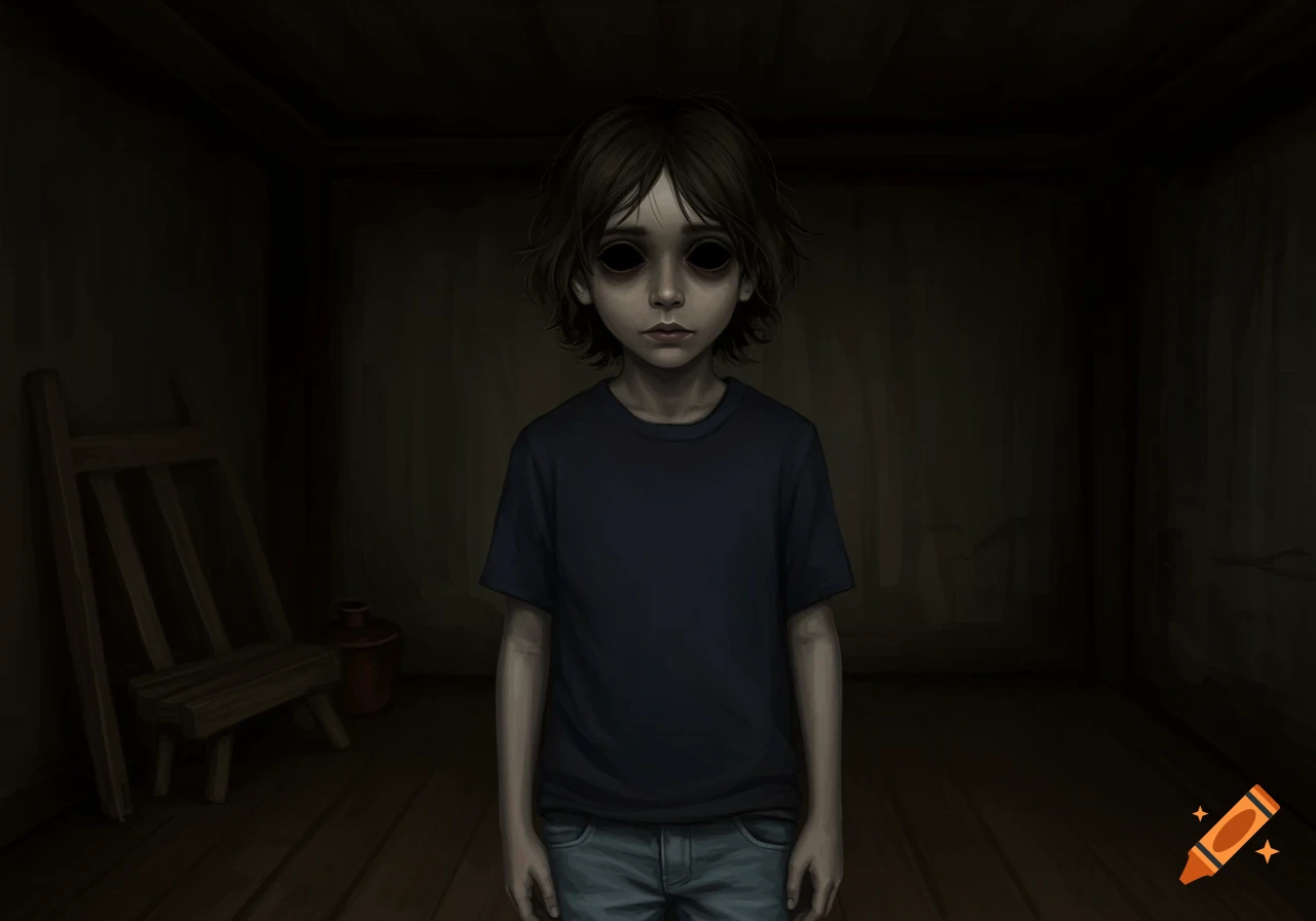 Illustration of a creepy child with completely black eyes standing in a dark room.