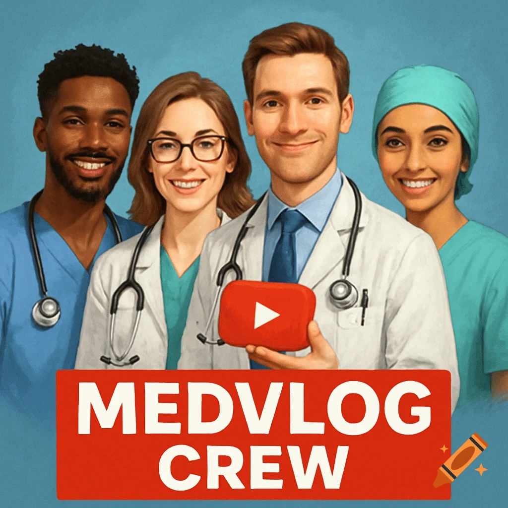 Four smiling medical professionals in scrubs and lab coats, one holding a YouTube logo, with a banner reading 'MEDVLOG CREW'